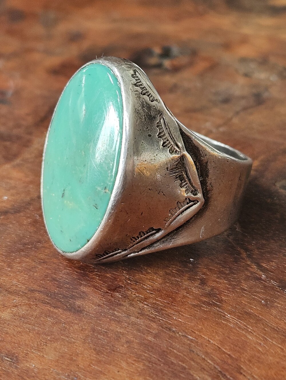 Old Pawn Navajo Large Green Turquoise Statement Sterling Silver Ring Sz 12.5